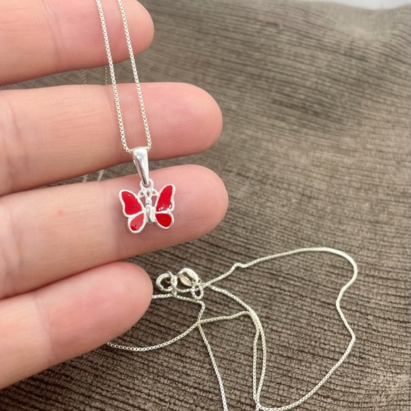 Sterling Silver Red Enamel Butterfly Necklace - Picture 3 of 7